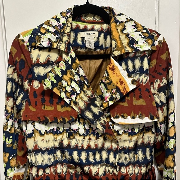 Vertigo Paris Trench Pea Coat Belted Lined Jacket Colorful Artsy Unique Women XS - Picture 2 of 11